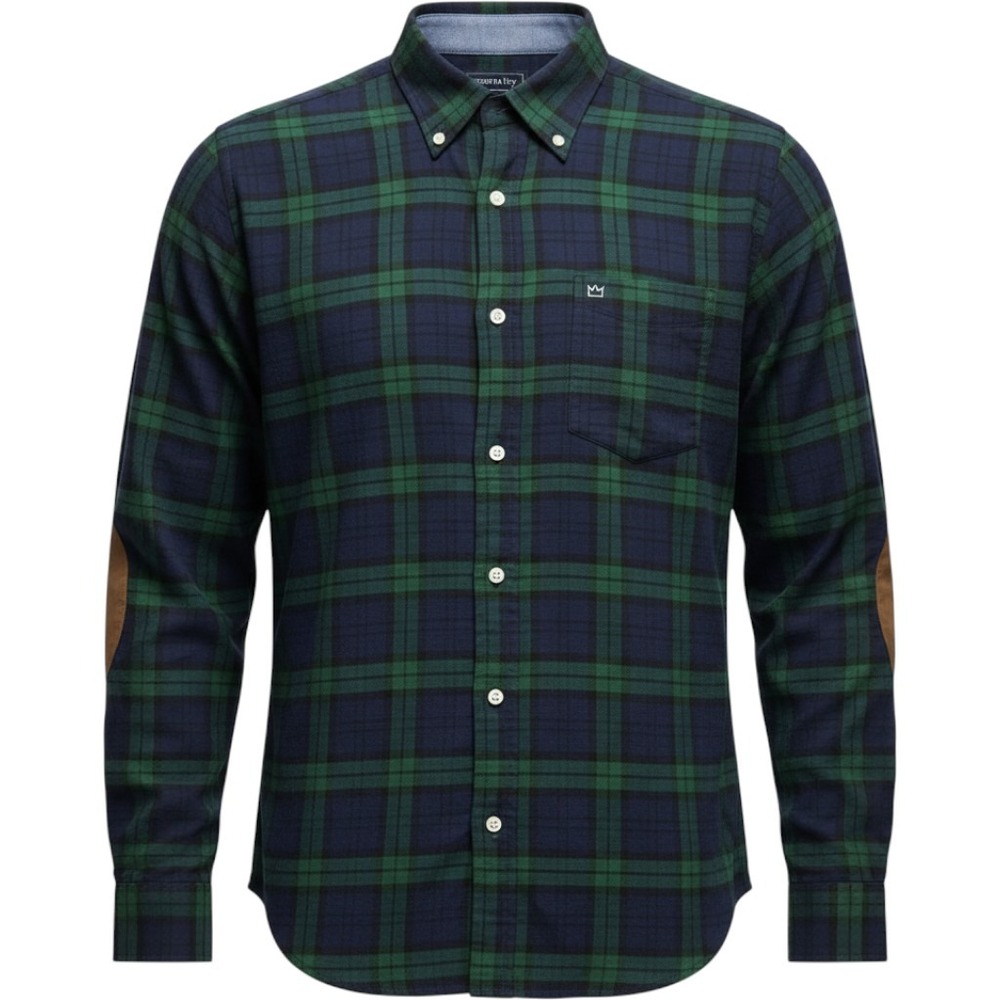 Crown & Ivy Mens Small Black Watch Plaid Flannel Shirt Elbow Patches Navy Green